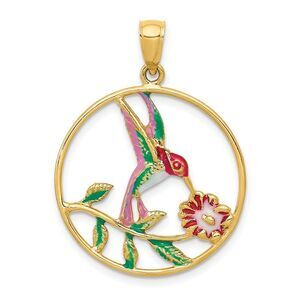 14k Yellow Gold & Enamel 24mm Round Hummingbird & Flower Pendant